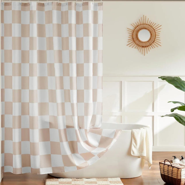 Checkered Shower Curtain 180x180 cm, Retro Chess Pattern Vintage Aesthetics for Bathroom, Yellow.