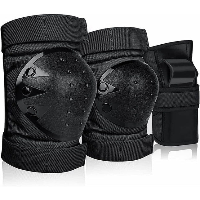 6-in-1 Protective Gear Set Adjustable Knee Elbow Wrist Guards for Roller Skating Skateboarding, One Size, Black.