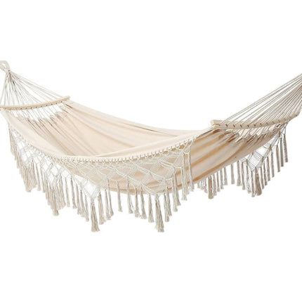 2-Person Bohemian Hammock with Fringes, 500 lbs Capacity, Cotton, Portable for Garden Patio Camping, Moon-Shaped Poles.