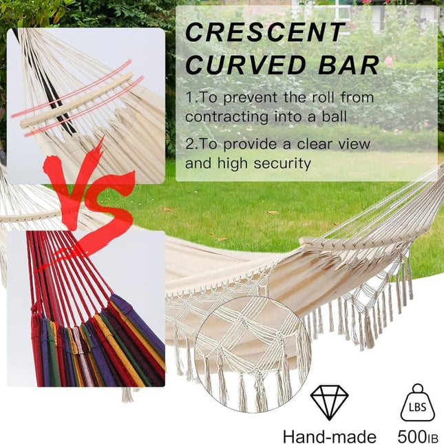 2-Person Bohemian Hammock with Fringes, 500 lbs Capacity, Cotton, Portable for Garden Patio Camping, Moon-Shaped Poles.