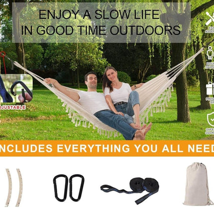 2-Person Bohemian Hammock with Fringes, 500 lbs Capacity, Cotton, Portable for Garden Patio Camping, Moon-Shaped Poles.