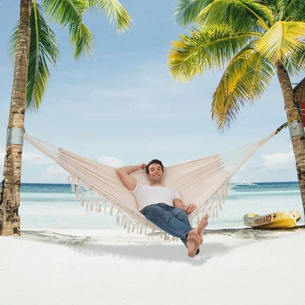 2-Person Bohemian Hammock with Fringes, 500 lbs Capacity, Cotton, Portable for Garden Patio Camping, Moon-Shaped Poles.