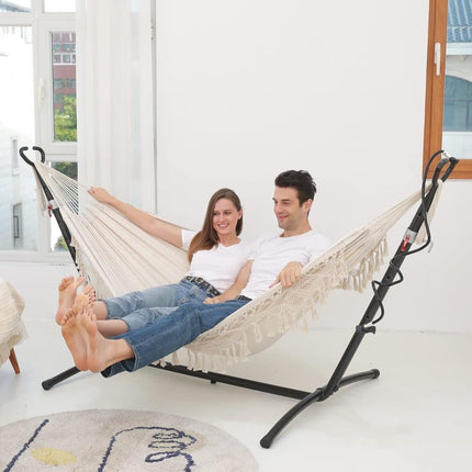 2-Person Bohemian Hammock with Fringes, 500 lbs Capacity, Cotton, Portable for Garden Patio Camping, Moon-Shaped Poles.