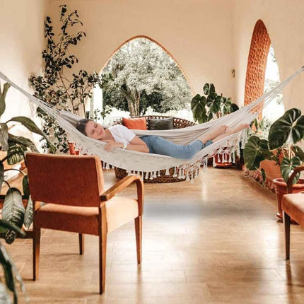 2-Person Bohemian Hammock with Fringes, 500 lbs Capacity, Cotton, Portable for Garden Patio Camping, Moon-Shaped Poles.