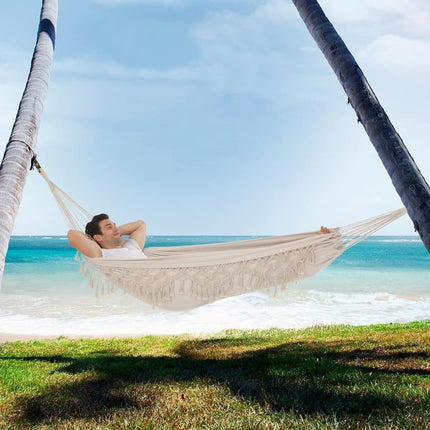 2-Person Bohemian Hammock with Fringes, 500 lbs Capacity, Cotton, Portable for Garden Patio Camping, Moon-Shaped Poles.