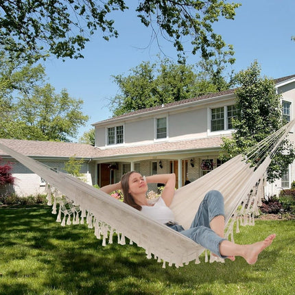 2-Person Bohemian Hammock with Fringes, 500 lbs Capacity, Cotton, Portable for Garden Patio Camping, Moon-Shaped Poles.