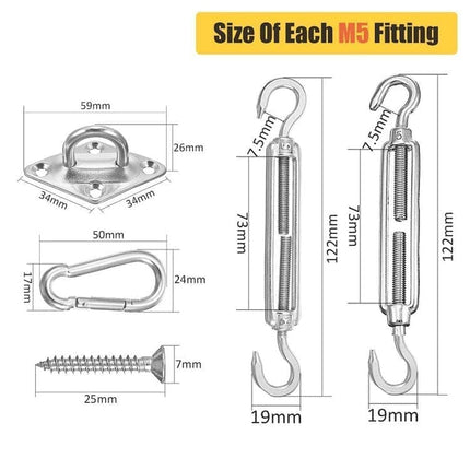 Sunshade Mounting Kit with Hooks Brackets Tension Screws Carabiners and Pad Eyes.