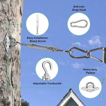 Sunshade Mounting Kit with Hooks Brackets Tension Screws Carabiners and Pad Eyes.