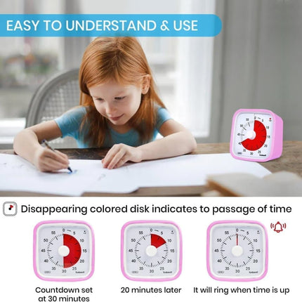 60 Minute Visual Timer for Kids and Classrooms, Adjustable Volume, Pink, 10x10 cm.
