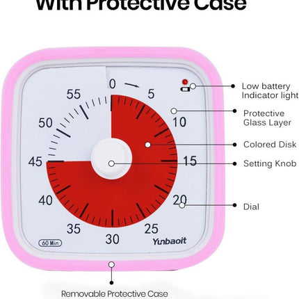 60 Minute Visual Timer for Kids and Classrooms, Adjustable Volume, Pink, 10x10 cm.