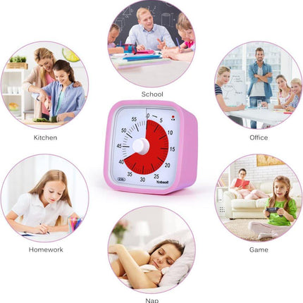 60 Minute Visual Timer for Kids and Classrooms, Adjustable Volume, Pink, 10x10 cm.