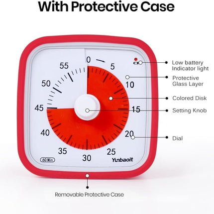 60 Minutes Visual Timer for Classrooms and Kids, Adjustable Volume, 10x10 cm, Red.