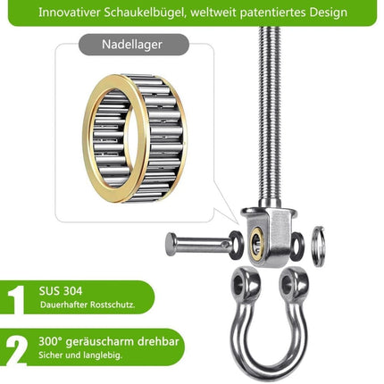 Stainless steel swing hooks 180° rotating for swings and hammocks, durable easy assembly.