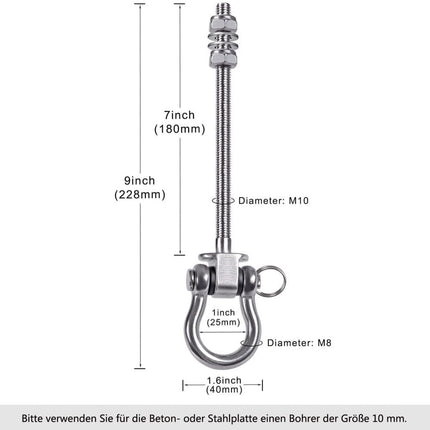Stainless steel swing hooks 180° rotating for swings and hammocks, durable easy assembly.