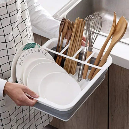 Foldable Dish Rack, gray plastic draining tray for kitchen and camping, 36.5 cm.