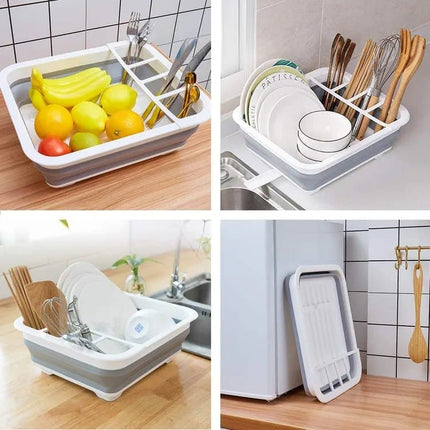Foldable Dish Rack, gray plastic draining tray for kitchen and camping, 36.5 cm.