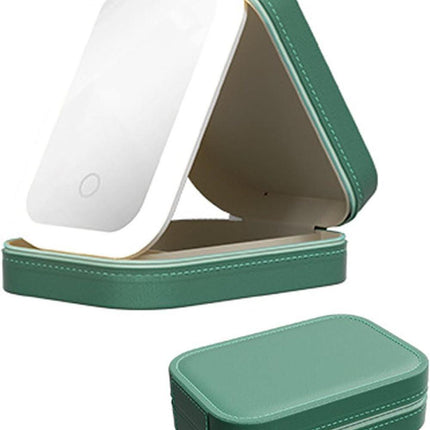 Portable Makeup Bag with LED Mirror, 3 Light Modes & Storage Compartment, Travel Cosmetic Organizer for Women, Green.