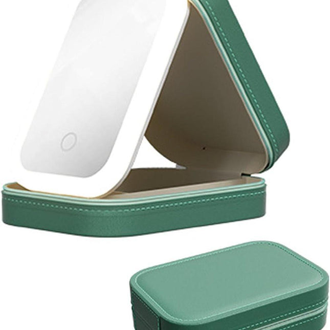 Portable Makeup Bag with LED Mirror, 3 Light Modes & Storage Compartment, Travel Cosmetic Organizer for Women, Green.