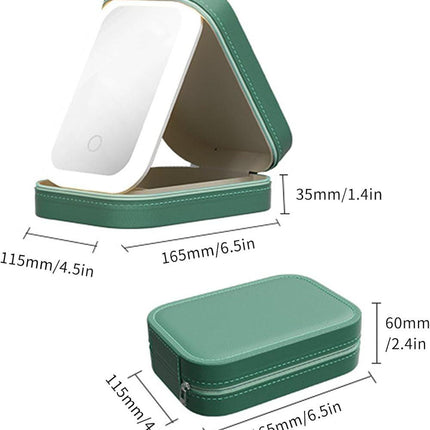 Portable Makeup Bag with LED Mirror, 3 Light Modes & Storage Compartment, Travel Cosmetic Organizer for Women, Green.