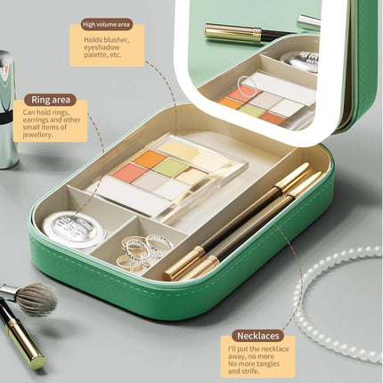 Portable Makeup Bag with LED Mirror, 3 Light Modes & Storage Compartment, Travel Cosmetic Organizer for Women, Green.