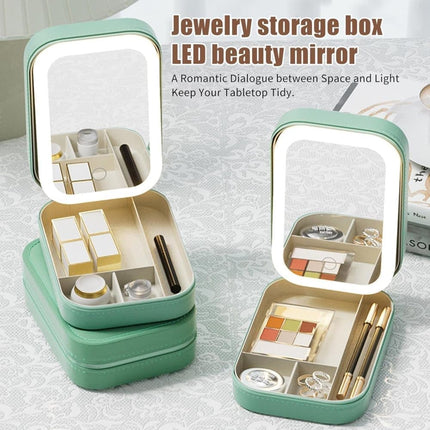 Portable Makeup Bag with LED Mirror, 3 Light Modes & Storage Compartment, Travel Cosmetic Organizer for Women, Green.