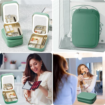 Portable Makeup Bag with LED Mirror, 3 Light Modes & Storage Compartment, Travel Cosmetic Organizer for Women, Green.