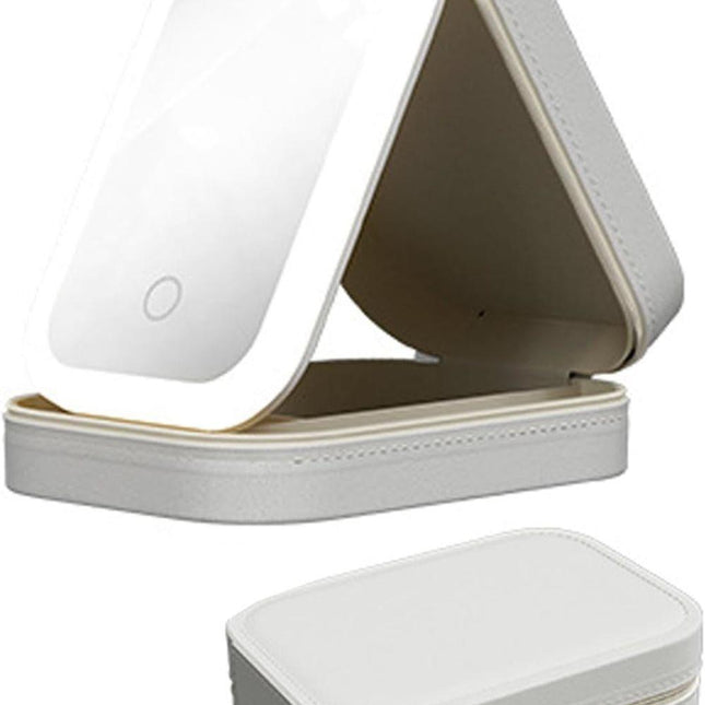 Portable Makeup Bag with LED Mirror 3 Light Modes, Travel Cosmetic Organizer for Women, White.