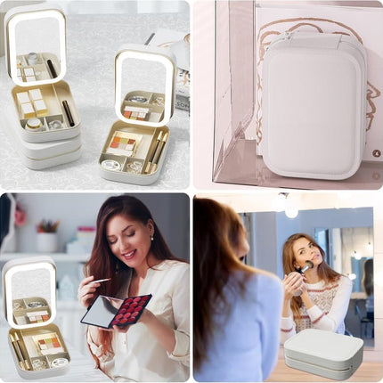 Portable Makeup Bag with LED Mirror 3 Light Modes, Travel Cosmetic Organizer for Women, White.