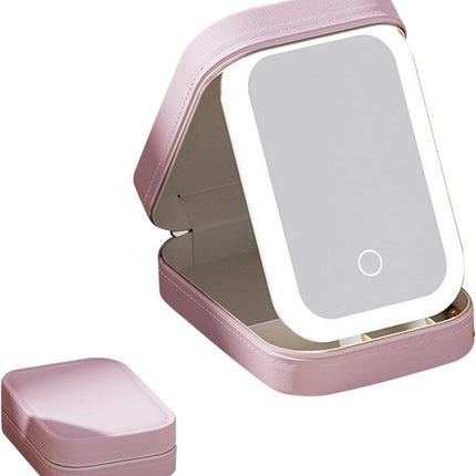 Portable Makeup Bag with LED Mirror 3 Light Modes, Travel Cosmetic Organizer for Women, Pink.