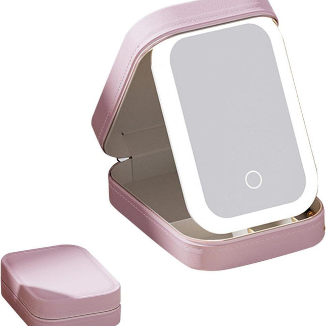 Portable Makeup Bag with LED Mirror 3 Light Modes, Travel Cosmetic Organizer for Women, Pink.