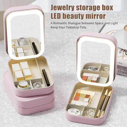 Portable Makeup Bag with LED Mirror 3 Light Modes, Travel Cosmetic Organizer for Women, Pink.