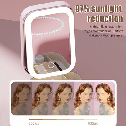 Portable Makeup Bag with LED Mirror 3 Light Modes, Travel Cosmetic Organizer for Women, Pink.