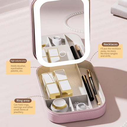 Portable Makeup Bag with LED Mirror 3 Light Modes, Travel Cosmetic Organizer for Women, Pink.