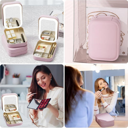 Portable Makeup Bag with LED Mirror 3 Light Modes, Travel Cosmetic Organizer for Women, Pink.