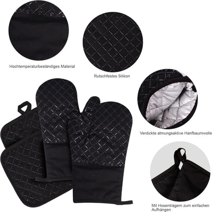 Heat-Resistant Oven Mitts and Grill Gloves 1 Pair, Anti-Slip for Kitchen Cooking Baking, Black.