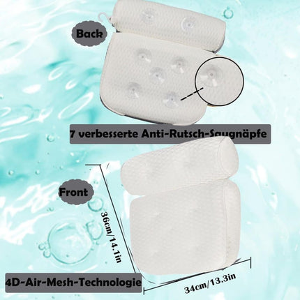 Bathtub Cushion with 7 Suction Cups and 4D Breathable Headrest for Relaxation, White, Compatible with Bathtubs & Massage Tubs.