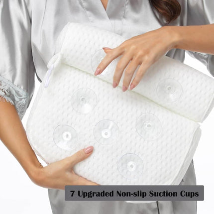 Bathtub Cushion with 7 Suction Cups and 4D Breathable Headrest for Relaxation, White, Compatible with Bathtubs & Massage Tubs.