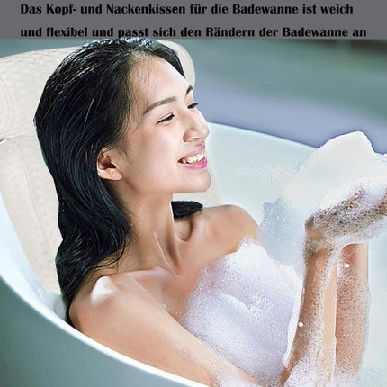 Bathtub Cushion with 7 Suction Cups and 4D Breathable Headrest for Relaxation, White, Compatible with Bathtubs & Massage Tubs.