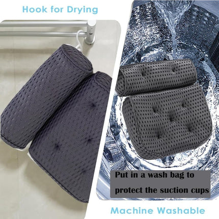 Bathtub Cushion with 7 Suction Cups, 4D Breathable Headrest for Relaxation, Compatible with Bathtubs & Massage Tubs, Gray.