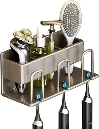 3-Piece Toothbrush Holder with Cup, Wall Mounted No Drilling Aluminum, Compatible with Oral-B, Light Gray.