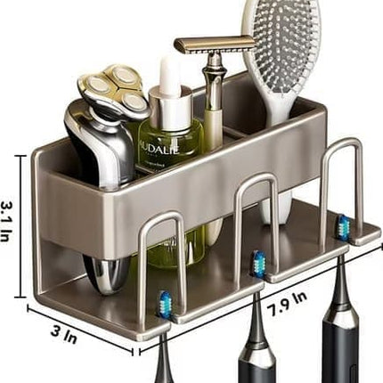 3-Piece Toothbrush Holder with Cup, Wall Mounted No Drilling Aluminum, Compatible with Oral-B, Light Gray.
