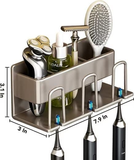 3-Piece Toothbrush Holder with Cup, Wall Mounted No Drilling Aluminum, Compatible with Oral-B, Light Gray.