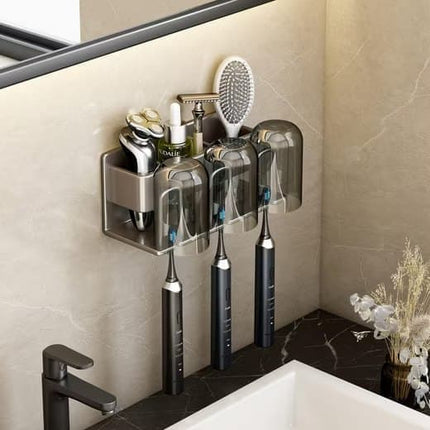 3-Piece Toothbrush Holder with Cup, Wall Mounted No Drilling Aluminum, Compatible with Oral-B, Light Gray.