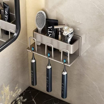 3-Piece Toothbrush Holder with Cup, Wall Mounted No Drilling Aluminum, Compatible with Oral-B, Light Gray.