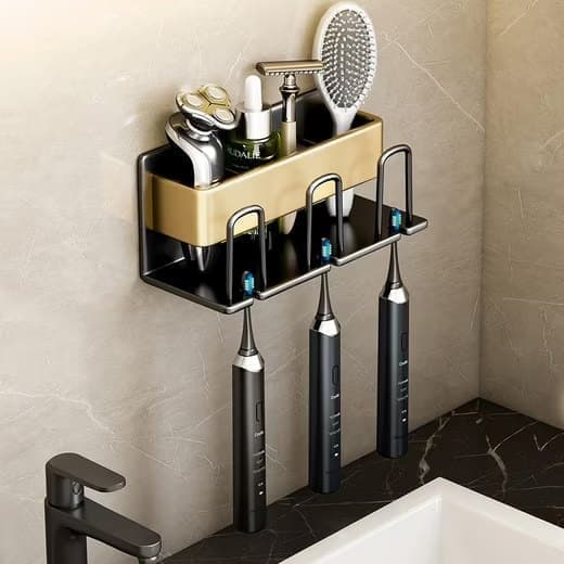 3-Piece Toothbrush Holder with Cup, Wall Mount No Drilling, Aluminum, Compatible with Oral-B, Gold.