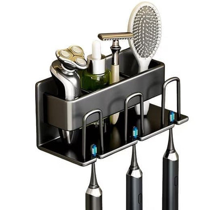 3-Piece Toothbrush Holder with Cup, Wall Mount No Drilling, Aluminum, Compatible with Oral-B, Black.