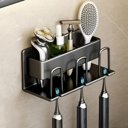 3-Piece Toothbrush Holder with Cup, Wall Mount No Drilling, Aluminum, Compatible with Oral-B, Black.