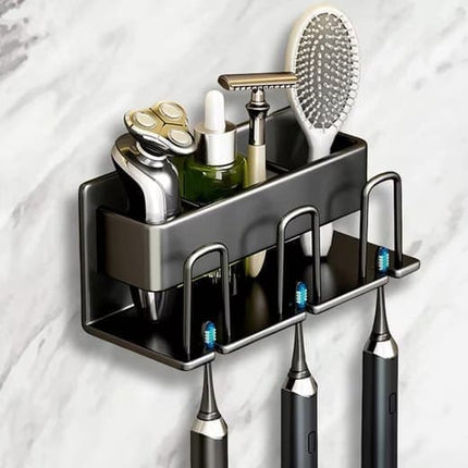 3-Piece Toothbrush Holder with Cup, Wall Mount No Drilling, Aluminum, Compatible with Oral-B, Black.