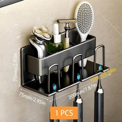 3-Piece Toothbrush Holder with Cup, Wall Mount No Drilling, Aluminum, Compatible with Oral-B, Black.