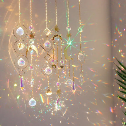 Solar Wind Chimes 6-pack with Crystal Pendants, Reflects Light for Beautiful Patterns, 12 inches, Gold.